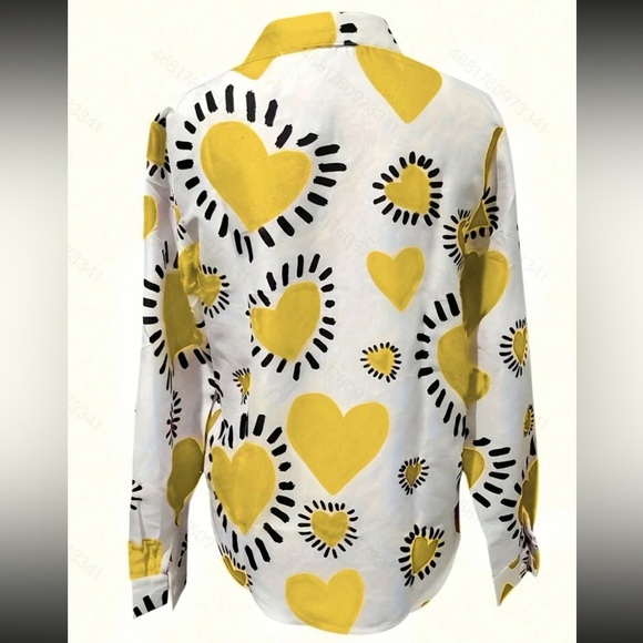 Boho Heart Print Button Down Up Shirt Top Blouse - Picture 2 of 11